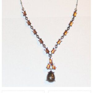 Vintage Avon Amber Rhinestone Y-Drop Necklace Brown Cabochon Pendant Silver Tone